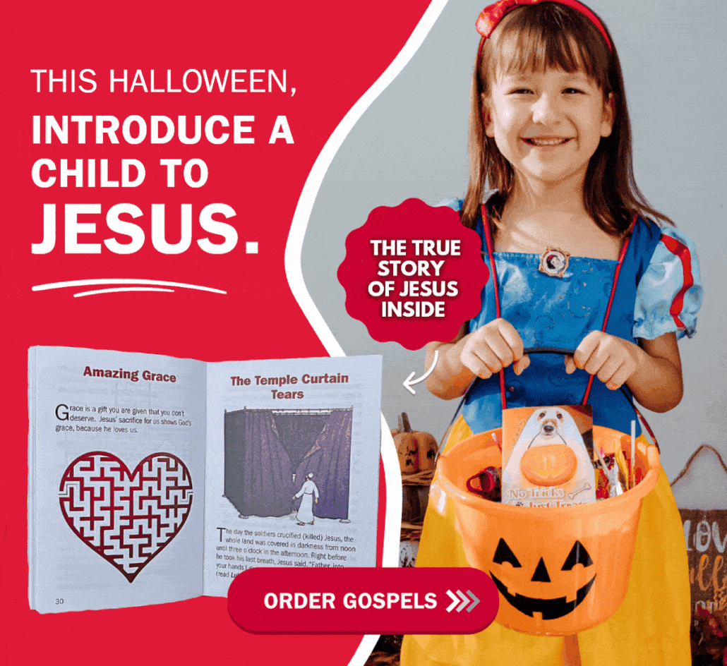 A young girl dressed as Snow White holds a jack-o’-lantern candy bucket containing a gospel booklet, next to an open book titled “Amazing Grace” and text reading “This Halloween, Introduce a Child to Jesus.”