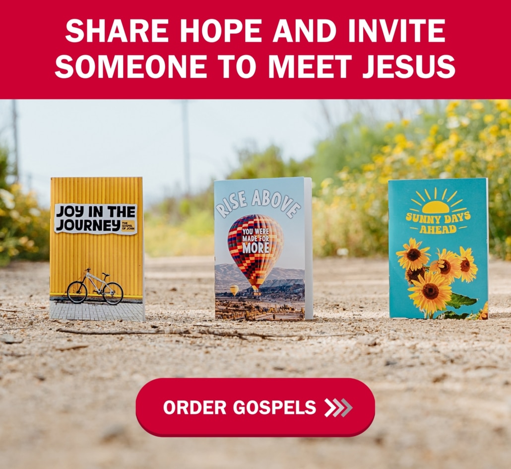 Three colorful Christian pamphlets—"Joy in the Journey," "Rise Above," and "Sunny Days Ahead"—stand upright on a dirt path with greenery and yellow flowers in the background. Text encourages ordering gospels.