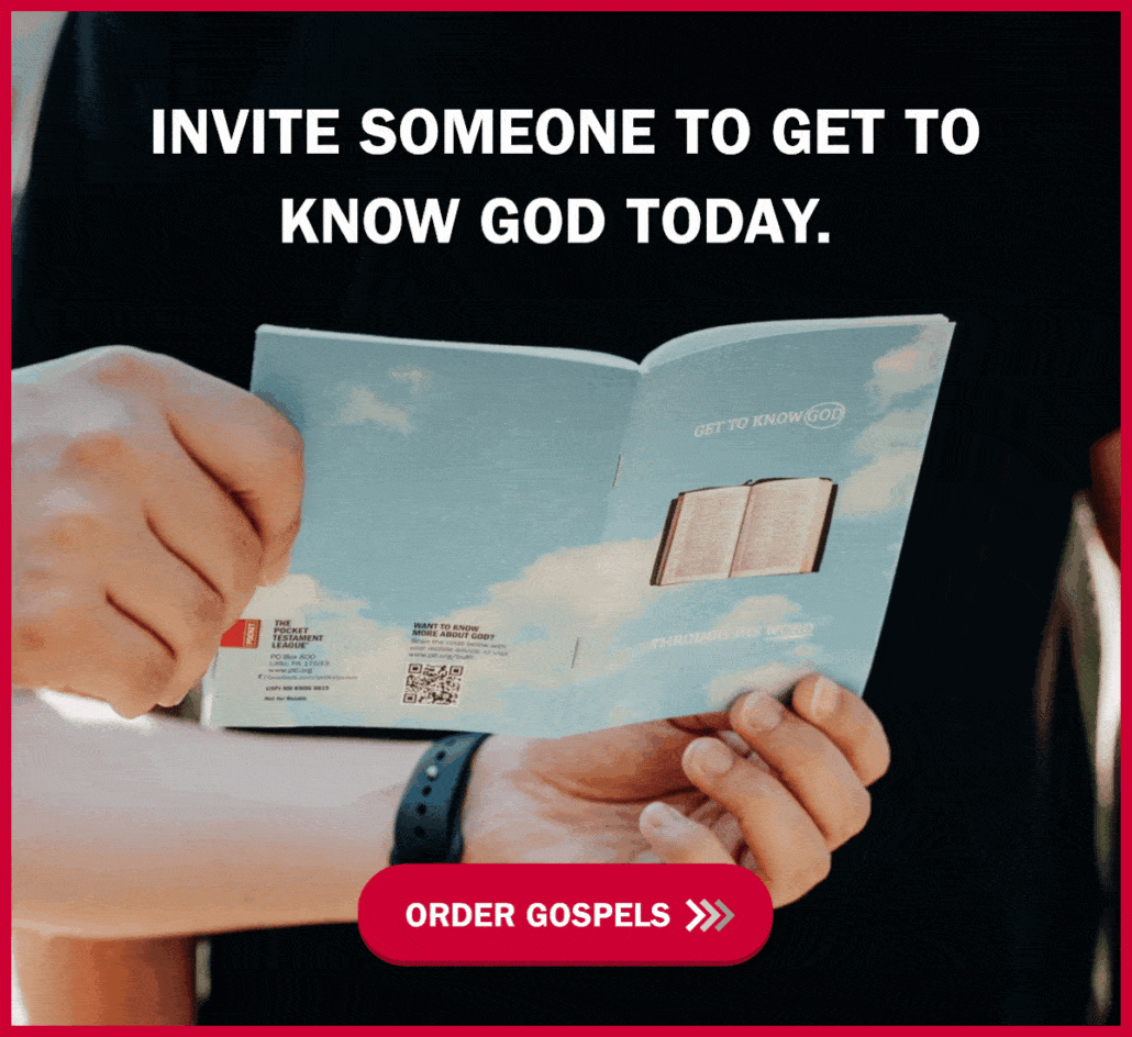 A person holds an open booklet with a cover showing a Bible and blue sky. Text above reads, "Invite someone to get to know God today." A red button at the bottom says, "Order Gospels.
