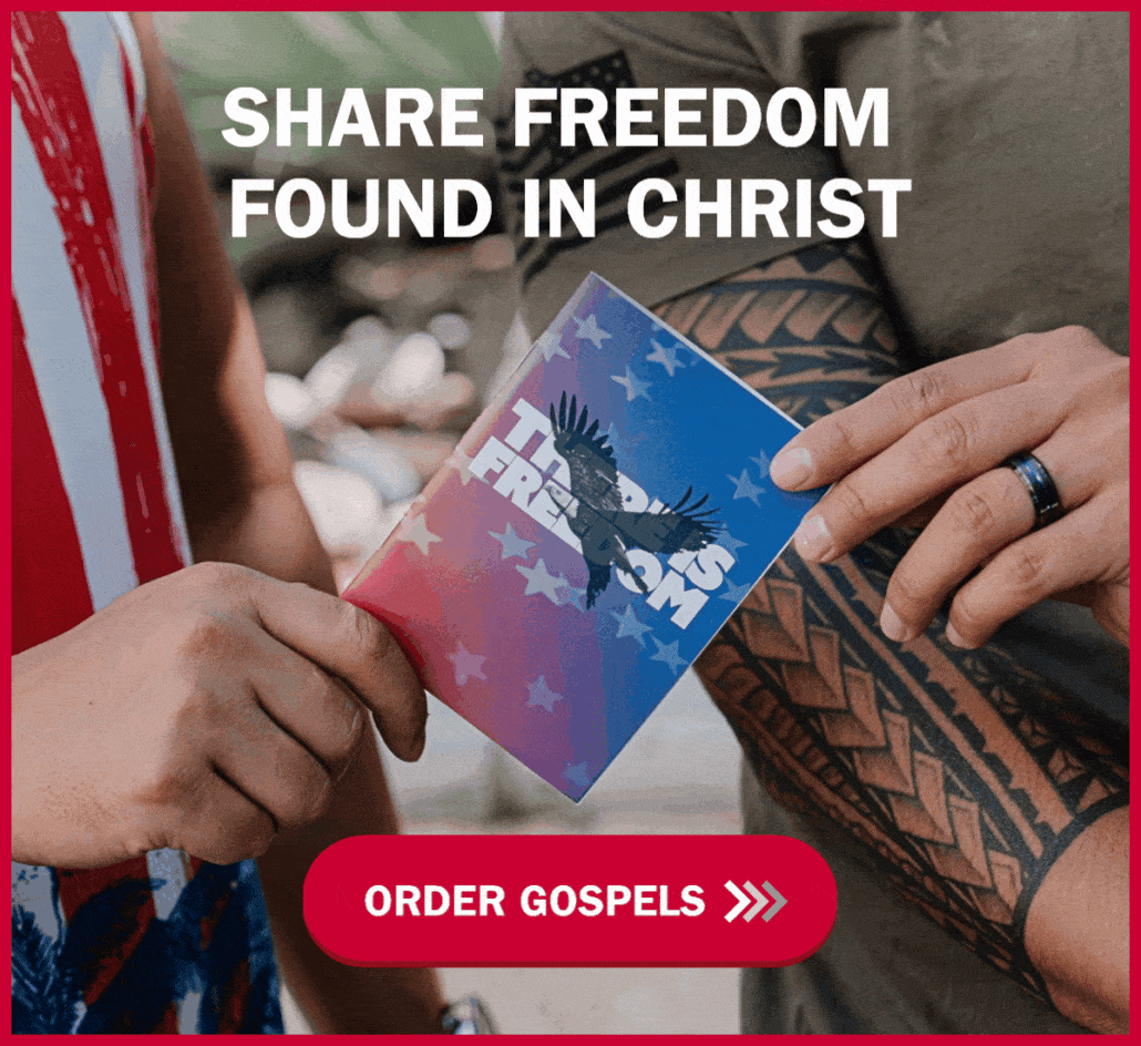 Two people, one wearing a patterned shirt and the other with a tattooed arm, hold a booklet with an eagle and the words "True Freedom." Text above reads "Share freedom found in Christ." Button below says "Order Gospels.