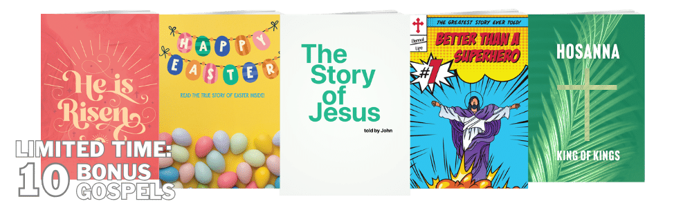 Five illustrated book covers with Easter and religious themes, including phrases like "He is Risen," "Happy Easter," "The Story of Jesus," "Better Than a Superhero," "Hosanna," and text: "LIMITED TIME: 10 BONUS GOSPELS.