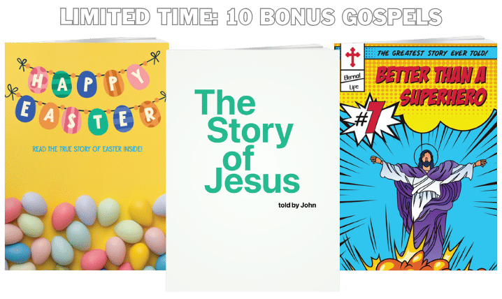 Three colorful Christian-themed book covers: one with "Happy Easter" and pastel eggs, one titled "The Story of Jesus," and one with "Better Than a Superhero" featuring a comic-style Jesus. Text above reads, "Limited Time: 10 Bonus Gospels.