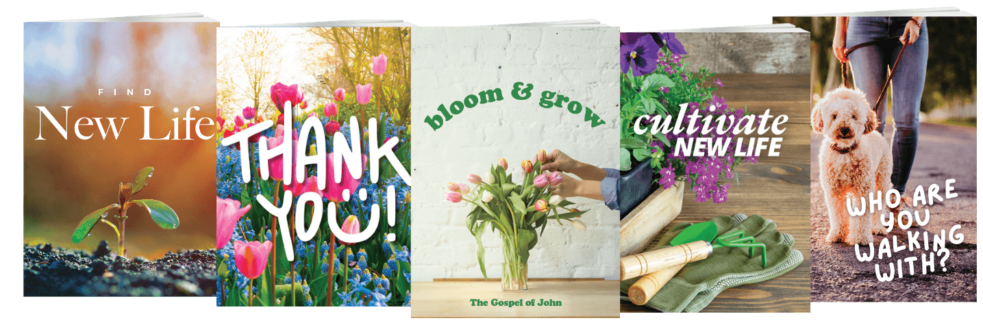 Five book covers are shown side by side. They feature themes of growth and gratitude, with images of plants, flowers, gardening, and a person walking a happy dog. Bold, cheerful text highlights positive messages.