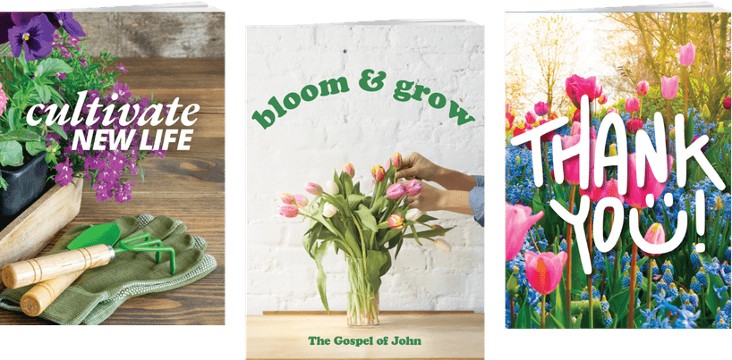 Three greeting cards with gardening and flower themes: one with gardening tools and flowers reading "cultivate NEW LIFE," one with hands arranging tulips reading "bloom & grow," and one with tulips reading "THANK YOU!.