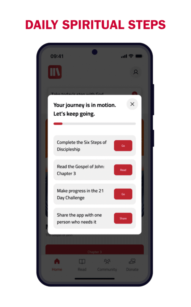 A smartphone screen displays a spiritual app with tasks such as completing discipleship steps, reading the Gospel of John, the 21 Day Challenge, and sharing the app. "DAILY SPIRITUAL STEPS" is written at the top.