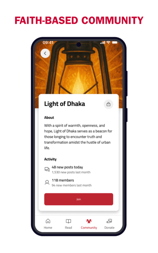 A smartphone screen displays a community app page titled "Light of Dhaka" with a lantern icon, statistics on posts and members, and a "Join" button. The heading above reads "FAITH-BASED COMMUNITY" in bold red text.