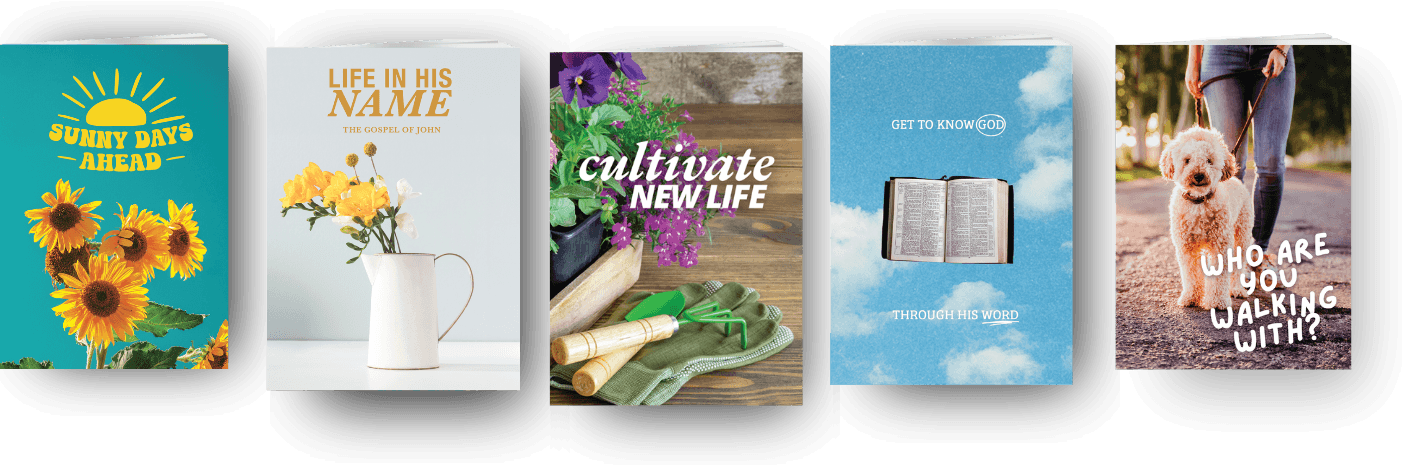 may-banner-5-covers Five book covers in a row: sunflowers with "Sunny Days Ahead", yellow flowers in a pitcher with "Life in His Name", gardening tools with "Cultivate New Life", an open Bible with "Get to Know God", and a dog on a leash with "Who Are You Walking With?".