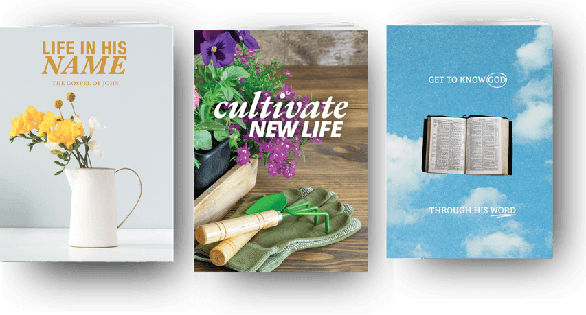 may-banner-mobile1 Three Christian book covers: one with yellow flowers in a white pitcher, one with purple flowers, gardening gloves, and tools, and one with an open Bible against a blue sky with clouds.