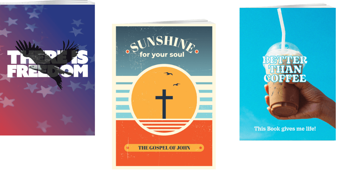 june-banner-covers-mobile Three book covers: one with an eagle and stars reading "There is Freedom," another with a cross, sunset, and birds reading "Sunshine for your soul: The Gospel of John," and a third with an iced coffee cup reading "Better Than Coffee.