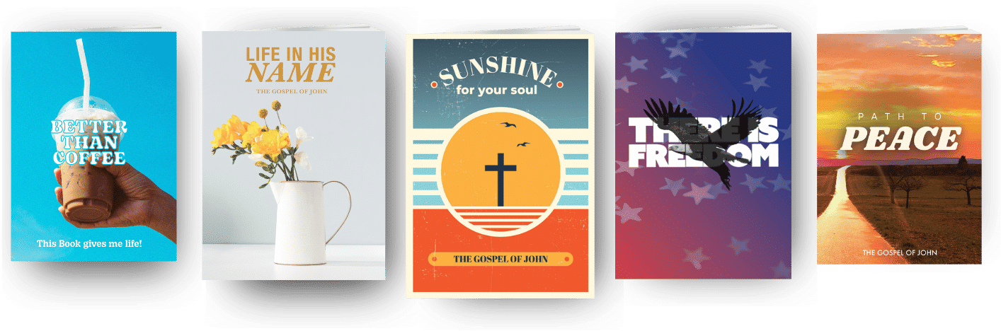 june-banner-covers4 Five colorful books are displayed in a row. Their covers feature titles and images like iced coffee, yellow flowers, a sun with a cross, flying birds, and a sunset over water, each relating to inspirational or spiritual themes.