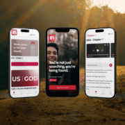 Three smartphones display a Bible app. Screens show "Meet Jesus in His Own Words," the start of John Chapter 1, a smiling young man, and Bible text. Background features sunlight through a wooded area.