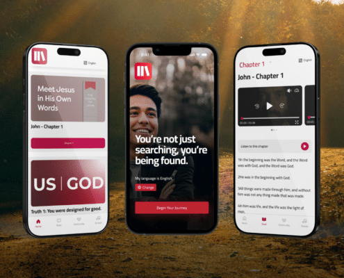 Three smartphones display a Bible app. Screens show "Meet Jesus in His Own Words," the start of John Chapter 1, a smiling young man, and Bible text. Background features sunlight through a wooded area.