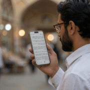 A man with glasses and a beard, wearing a white shirt, stands outdoors and reads Urdu text on a smartphone. The background is softly blurred, suggesting a market or public area with arched architecture and warm lights.