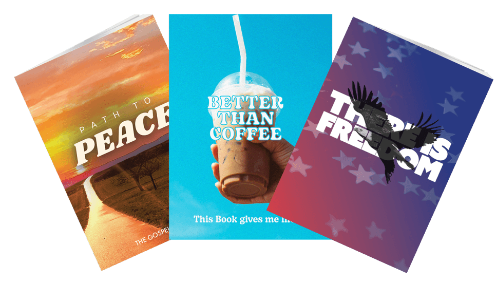 banner-homepage-july-mobile Three book covers: "Path to Peace" with a sunset road, "Better Than Coffee" with an iced coffee, and "There Is Freedom" with an eagle silhouette on a stars and stripes background.