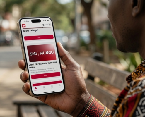 A person holding a smartphone reads a Swahili-language app called “SISI | MUNGU” while sitting on a wooden park bench outdoors. The phone screen displays text and a red, white, and black color scheme.