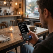 A person sits in a cozy café, holding a smartphone and searching “who is god?“ on Google. A coffee cup and a lit candle are on the wooden table beside them, with a window view of a rainy street in the background.