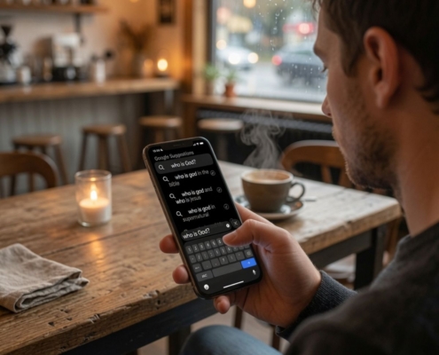A person sits in a cozy café, holding a smartphone and searching “who is god?“ on Google. A coffee cup and a lit candle are on the wooden table beside them, with a window view of a rainy street in the background.