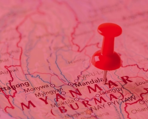 A red pushpin marking a location on a map of Myanmar.