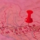 A red pushpin marking a location on a map of Myanmar.